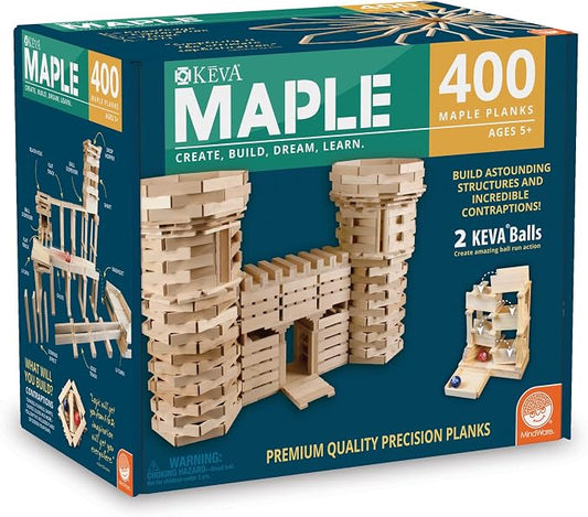 MindWare KEVA 400 Maple Wood Building Planks Set - Building Toy Includes 400 Wooden Blocks, 2 KEVA Balls, and Idea Book - Ages 5+