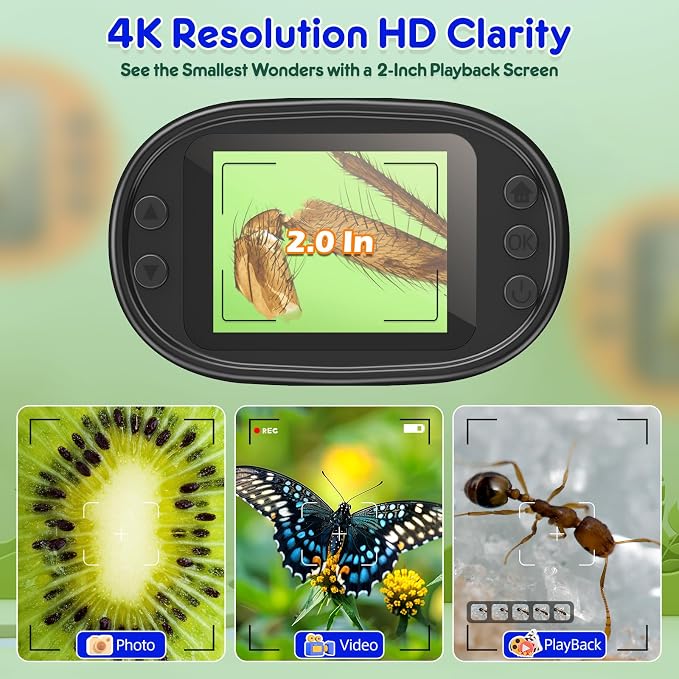 Kids Digital Microscope STEM Toy: Complete Science Gift Kit for Ages 4-12 | 32GB Card for Photos & Video / Custom EVA Case / Real Glass Slides / Upgraded Slide Slot / Rechargeable / 1000X / 4K Screen