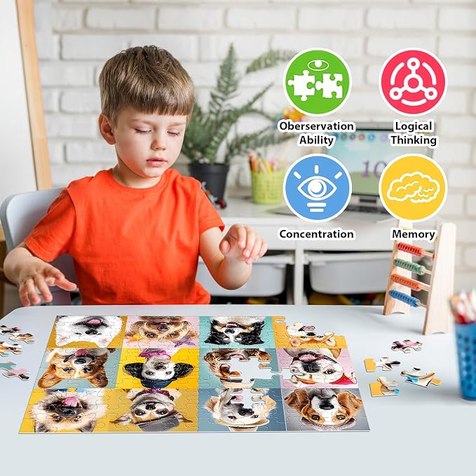Jeacirio 4 Pack 100 Piece Puzzles for Kids Ages 4-6 6-8 8-10, Dogs Cats Flowers Donuts Jigsaw Puzzles for Kids, Educational Puzzle Toys with Posters Bags, Gifts for Boys Girls Ages 4-8