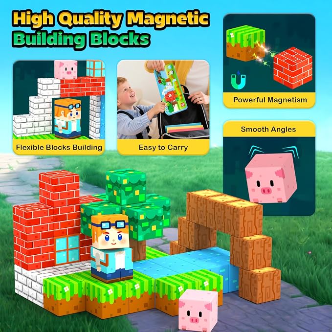 Magnetic Blocks Kids Travel Toys with Portable Metal Tin Montessori Toys | Building Blocks STEM Magnet Magnetic Tiles Toddler Kids Toys for 3+ Year Old Boys & Girls, Classroom Must Haves Creative Gift