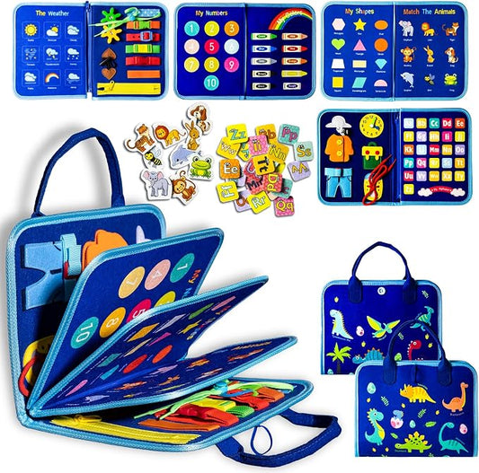 Montessori Busy Board for Toddlers 3-6, Sensory Educational Activities Board for Learning Fine Motor Skills, Travel Toys for Airplane Car, Gift for Girls Boys 3+ Years Old (Dinosaur)