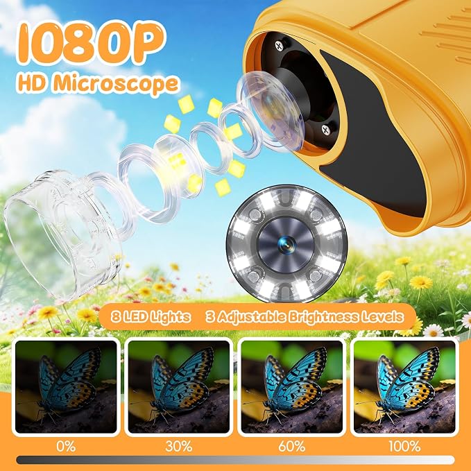 SEEKID Kids Microscope,1000X Handheld Digital Microscope (Yellow) | 2.4" IPS Screen | Rechargeable Handheld | 8 LED Lights | STEM Toy for Exploring Science | Ages 5–12