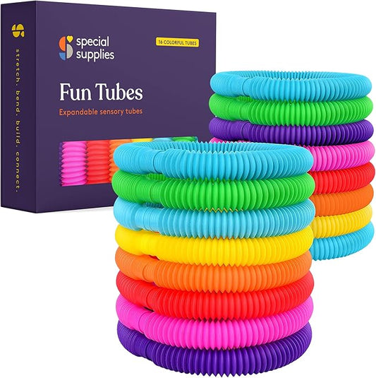 Special Supplies Fun Pull and Stretch Tubes for Kids - Pop, Bend, Build, and Connect Toy, Provide Tactile and Auditory Sensory Play, Colorful, Heavy-Duty Plastic (16-Pack Primary Colors)