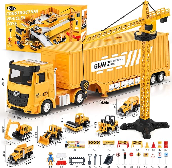 Kids Construction Toys, Construction Truck Toys Set w/Crane, Excavator, Forklift,Bulldozer,Dump Trucks,Cement Truck,Road Roller, Alloy Construction Vehicle Toys for 3 4 5 6 7 Years Old Boys Gifts