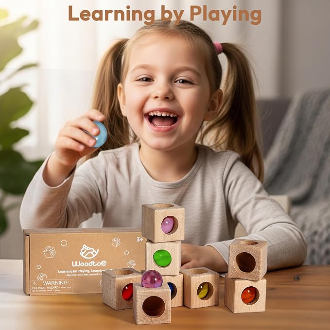Woodtoe Montessori Stacking Toy for 3 4 5 6 Year Old, Rainbow Building Blocks for Toddlers, Acrylic Gem Ball Stacking Blocks & Wooden Blocks, Educational STEM Creative Sensory Toys for Boy Girl 3-6