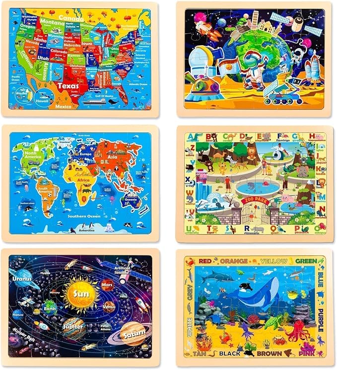 Wooden Puzzles for Toddlers 3-5,6 in 1 Jigsaw Wooden Solar System Puzzles for Ages 4-6,Preschool Educational Brain Toys Birthday Gifts for Boys and Girls 2 4 3 5 Year Old（World Map）