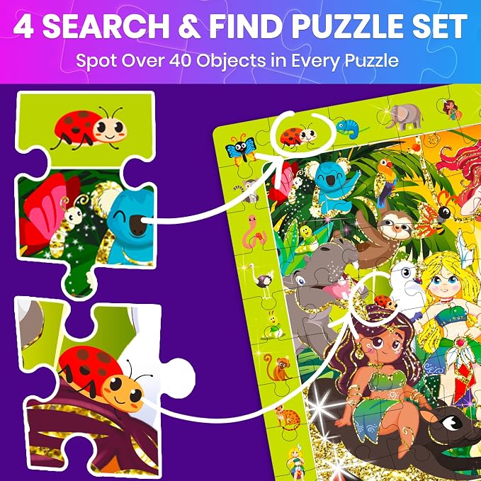 QUOKKA 100 Piece Puzzles for Kids Ages 4-6 – 4 Set Princess Puzzles for Kids Ages 6-8 with Unicorn, Mermaid, Fairy – Search and Find Jigsaw Game for Girls 5-8 – Learning Toy Gift for Toddlers 3-5