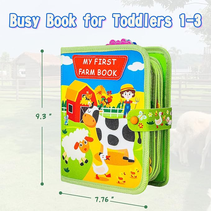 Busy Book for Toddlers 1-3 Montessori Busy Board for 1 Year Old Boy Girl Gift Farm Animal Sensory Toys Educational Learning Quiet Airplane Travel Activity Books First Birthday Gifts