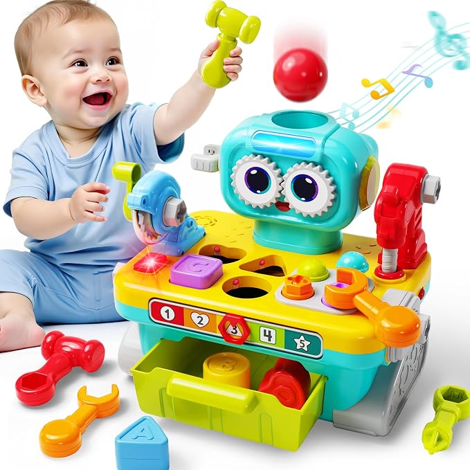 iPlay, iLearn Toddler Musical Workbench Toy, 1 Year Boy Gift, Baby Tool Set | Infant Shape Sorter Activity, Kid Pounding Game, Toddler Learning Toy, 1st Birthday Gift 12 18 24 Month Girl Age One 1 2 3 Yr