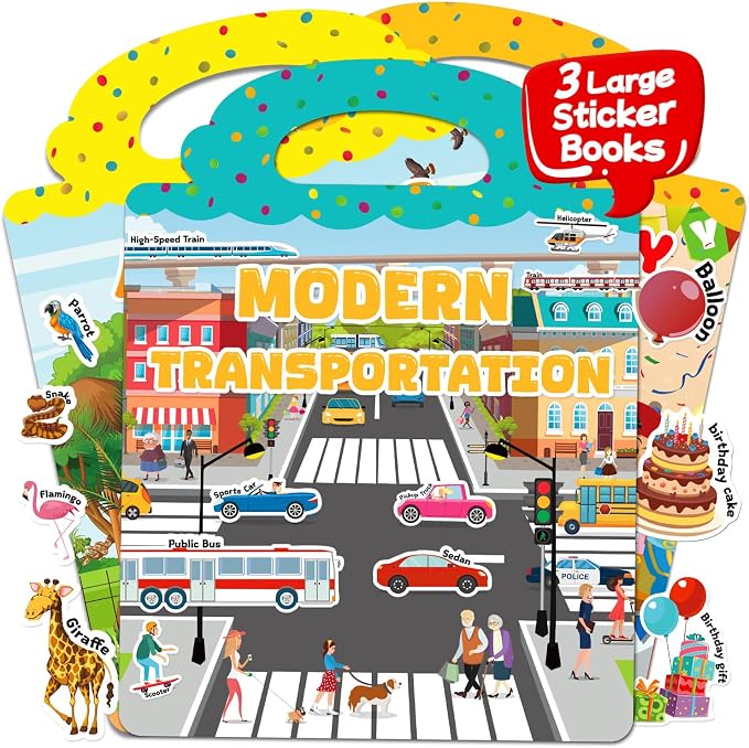 3 Sets Reusable Sticker Books for Toddlers 3-6 Years, Large Jelly Sticker Activity Books for Kids, Travel Toys for Toddlers Ages 3+ Girls & Boys