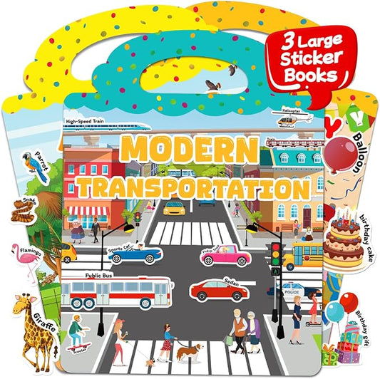 3 Sets Reusable Sticker Books for Toddlers 3-6 Years, Large Jelly Sticker Activity Books for Kids, Travel Toys for Toddlers Ages 3+ Girls & Boys