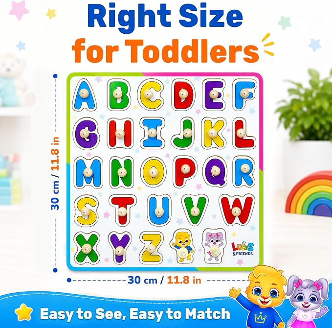 Lucas & Friends Wooden ABC Peg Puzzle for Toddlers, Alphabet Learning Toy | Montessori Learning Toys, Peg Puzzle Board for Preschool Kids, Educational Alphabets Puzzle, Ages 3+, Birthday Gift for Kids