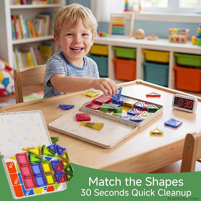 Mini Magnetic Tiles for Kids Travel 60 Mins Quiet Play 30s Cleanup | 40 PCS Cartoon Tin Box Magnet Building Blocks to Stop Crying - Birthday Gift Boys Girls Age 3-8