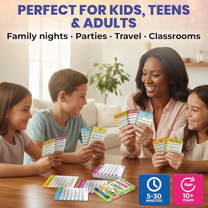 QUOKKA Trivia Board Games for Kids and Adults – 4xSET Family Board Games for Game Night – Higher or Lower Trivia Cards for Kids 8-12 - Challenge History, Science, Geography & More for Families & Teens