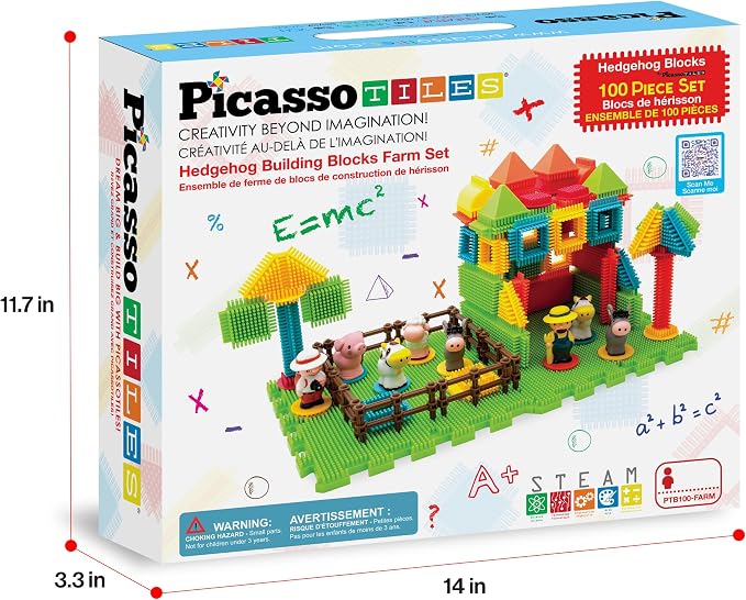 PicassoTiles PTB100 100pcs Hedgehog Shape 3D Building Blocks Tiles Farm Theme Set Learning Playset STEM Toy Set Educational Kit Child Branin Development Preschool Kindergarten Toy
