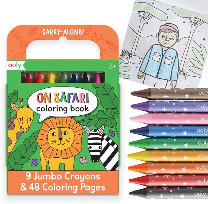 Ooly Kids Coloring Book 9 Jumbo Crayon Kit - Safari | Ages 3+, Easy Grip, Handle Carry, Great for Car and Airplane Travel, Fun Gift