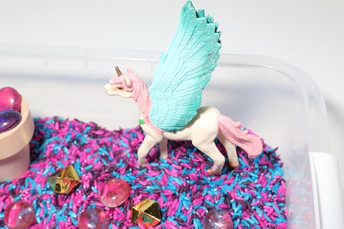 Unicorn Sensory Bin Kit for Kids | Pink, Purple & Blue Rice, Unicorn Figurines & Charms, Crystals & Wooden Tools – Includes Clear Storage Bin