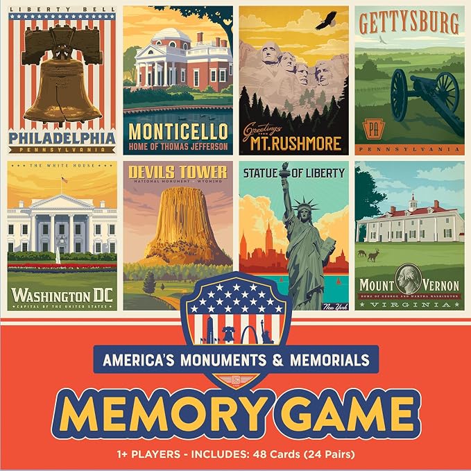 Masterpieces America's Monuments & Memorials Memory Matching Game for Adults - 68 Cards Featuring American Sights, Educational & Engaging, Ages 14+