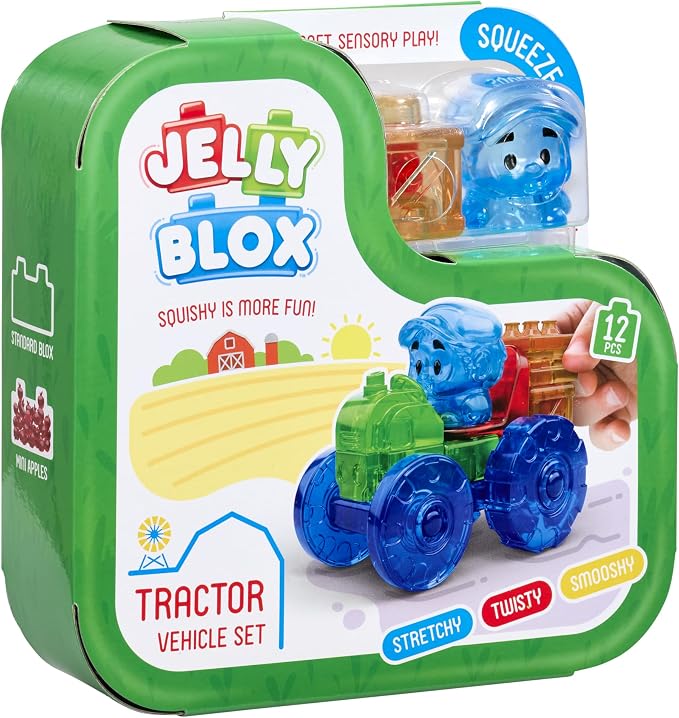 Jelly Blox Tractor Set Includes 12 Pieces Toddler/Preschool Building Blocks | Kids Can Squeeze, Stretch, Squish | MESH ACCREDITED | Safety Tested & Ouch-Free | Sensory Play Toy for Ages 2+