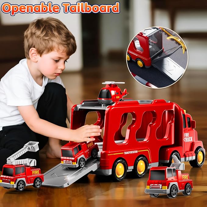 Fire Truck Toys for Toddler 3-5, 5-in-1 Fire Car Carrier | Vehicle Set for Boys Girls 3 4 5 6 Years Old, Transport Car with Light Sound, Birthdays Gifts for Kids Girls Aged 3-9