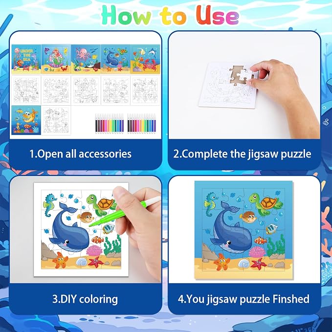 Fennoral 24 Pack DIY Coloring 0cean Animal Jigsaw Puzzle Craft Kit for Kids | Blank Color Your Own Jigsaw Puzzle with Base Design, 4.7 Inch Summer Bulk Crafts for Classroom & Ocean Theme Party Favors