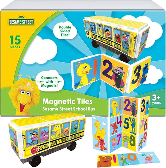 CreateOn “Sesame Street” Toy, Magnetic Kids’ Building Toys from “Sesame Street” Books, School Bus Magnet Tiles, Educational Toys for Ages 3+, 15 Pieces