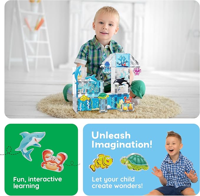 PicassoTiles 52 PCS Magnetic Tiles Ocean Animal STEM Set 8 Figures Ages 3+ | 44 blocks, 22 aquatic prints, BPA-free & non-toxic plastic, strong hold, roleplay, sensory discovery, motor skills
