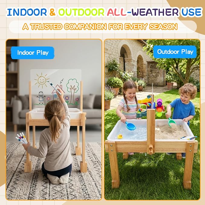 Sand and Water Table for Toddlers, Wooden Activity Sensory Table | Kid Outdoor Toys with Painting PS Board, 2 Collapsible Bins, Beach Accessories, 4 Washable Paint Crayons and Waterproof Cover