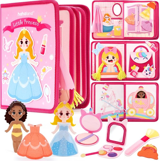 hahaland Princess Busy Book Toddlers 3-5, Dress up Pretend Play Makeup Toys | 3 Year Old Girl Gifts, Toddler Airplane Car Seat Travel Toy Quiet Felt Activity Busy Board for Girls