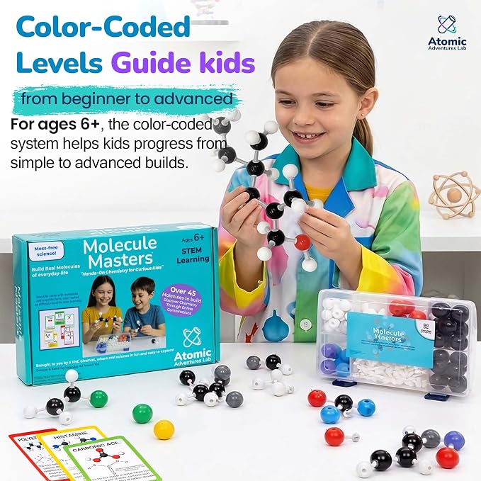 Educational Molecule Model Kit for Kids - Organic Chemistry Molecular Model Kit with Guide & STEM Learning Activity Cards for Teens & Adults to Build 3D Molecules, Atoms, Bonds