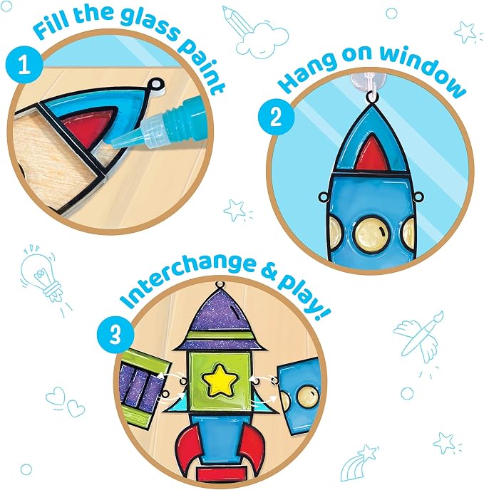 Imagimake Window Art - Rocket, DIY Mess-Free 16 Pieces Suncatcher Kit | Stained Glass Painting Craft Activity for Kids, Birthday Gift for Boys & Girls Ages 5,6,7,8,9,10,12 Years Old
