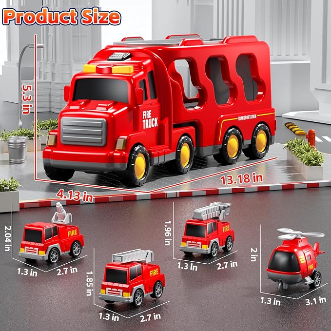 Fire Truck Toys for Toddler 3-5, 5-in-1 Fire Car Carrier | Vehicle Set for Boys Girls 3 4 5 6 Years Old, Transport Car with Light Sound, Birthdays Gifts for Kids Girls Aged 3-9