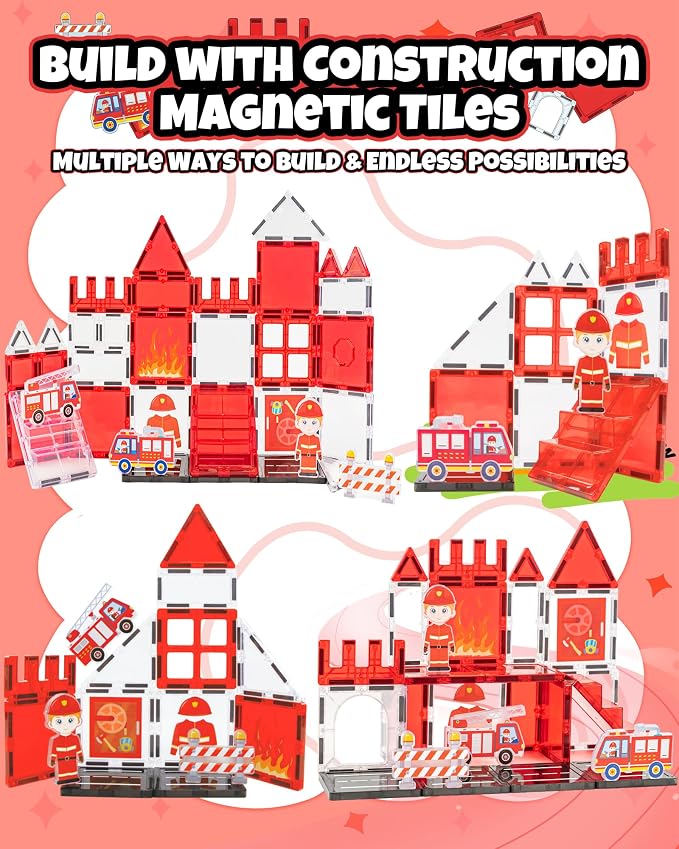 Large Magnetic Tiles for Kids, STEM Toys Building Set, Age 3+,37 Piece | Fire Rescue Magnetic Tiles Building Blocks with Rescue Scene Pieces, Firefighter Elements, Ideal Gift for Boys and Girls