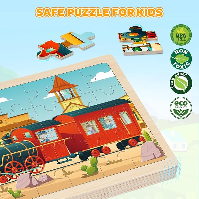 Puzzles for Kids Ages 4-6, 4 Packs 24 Pcs Wooden Jigsaw Puzzles for Toddlers Ages 2-4, Preschool Educational Vehicle Puzzle Toys Gifts for 3 4 5 6 Boys Girls