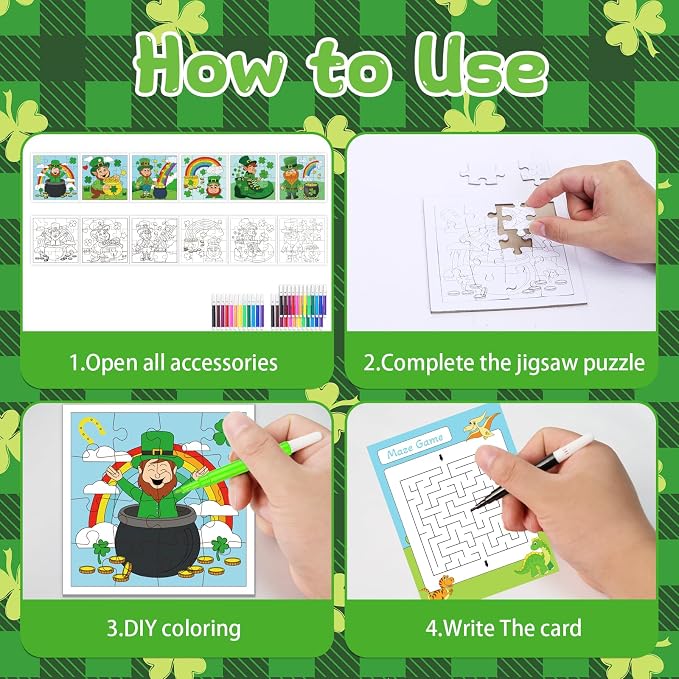 Fennoral 24 Pack St Patrick's Day Craft Kit for Kids Color You Own St Patrick's Day Jigsaw Puzzle DIY Coloring Art and Craft for Irish Classroom Art Activity Patrick's Party Favor Supplies