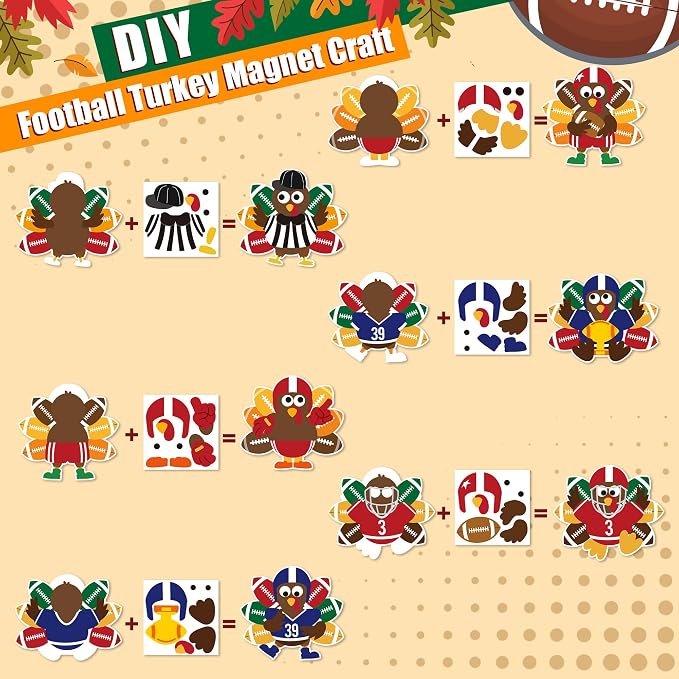 Haooryx DIY Fall Football Turkey Magnet Craft Kit - 30 Set Make Your Own Thanksgiving Turkey Decoration Autumn Sticker Craft Class Art Project Home Refrigerator Class Bulletin Board Decoration