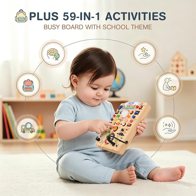 RichBoy Busy Boards, Lights Switch-Style, Wooden, 59-in-1, Large | Toddlers Birthday Gifts, Montessori Toys, Autism Sensory, Fine Motor Skills, Educational Learning, Travel Essentials