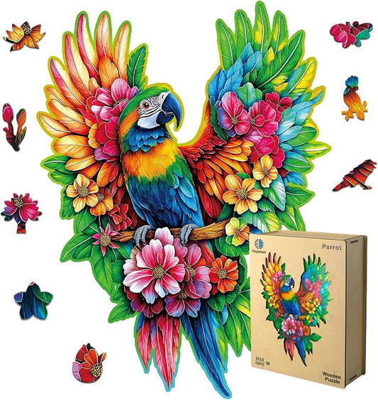 Wooden Puzzles for Adults Floral-Winged Parrot Puzzle - Laser-Cut Unique Shaped Stress Relief Jigsaw Puzzle, Wall Art Home Decor Gift for Family, Christmas Thanksgiving Gifts (14.9"×11.1" 200pcs)