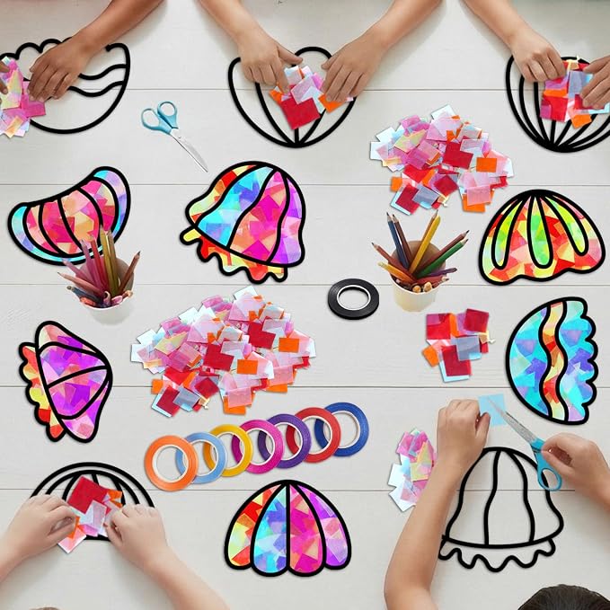 Qyeahkj 36 Set Jellyfish Suncatchers Craft for DIY Ocean Window Tissue Paper Craft Kit Under the Sea Stained Glass Window Ornaments Decoration for Home Art Project Summer Jellyfish Party Favor Gift