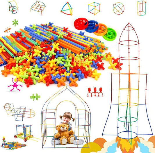 Ggiibro Creative Straw STEM Building Toys 450Pcs Aged for 3-5 5-7 Preschool Kids Constructor Toy Thin Tube Toy DIY Educational Interlocking Plastic Engineering Toys Kit for Boys and Girls