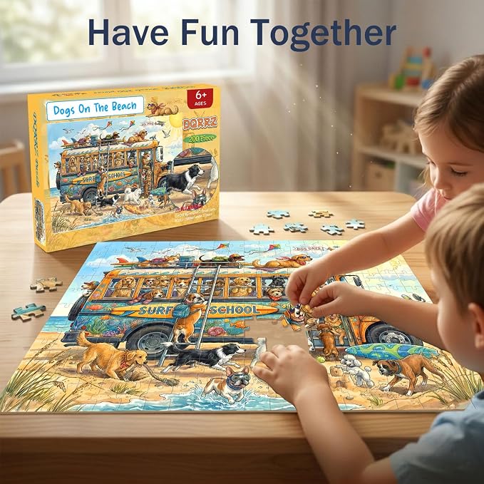 Puzzles for Kids Ages 6-8 8-10 - 200 Piece Dogs On The Beach Surf Puzzle | Educational Learning Toys.Colorful Children Puzzles for 6 7 8 9 10 11 12 Years Old Boys and Girls.Birthday and Holiday Gifts