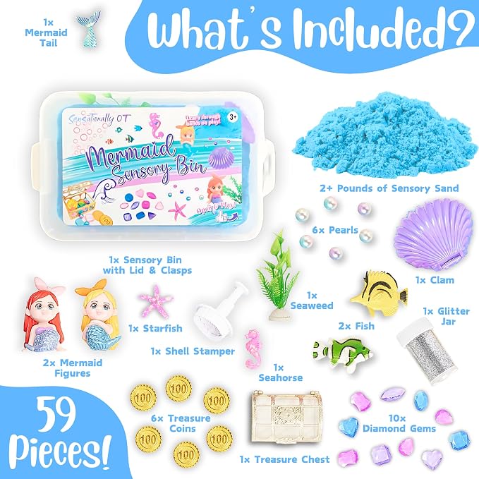 38 PCS Mermaid Sensory Bin with 2 lb Magic Sand, Ocean Molds & Treasure Accessories – Creative Sand Play Gift for Girls Ages 3–8