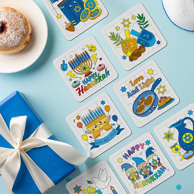 Cinrobiye 24 Sets Hanukkah Coloring Jigsaw Craft Kit for Kids, DIY Chanukah Activity Set with 8 Designs, Festival of Lights Party Favors, Winter Holiday Classroom Art Projects