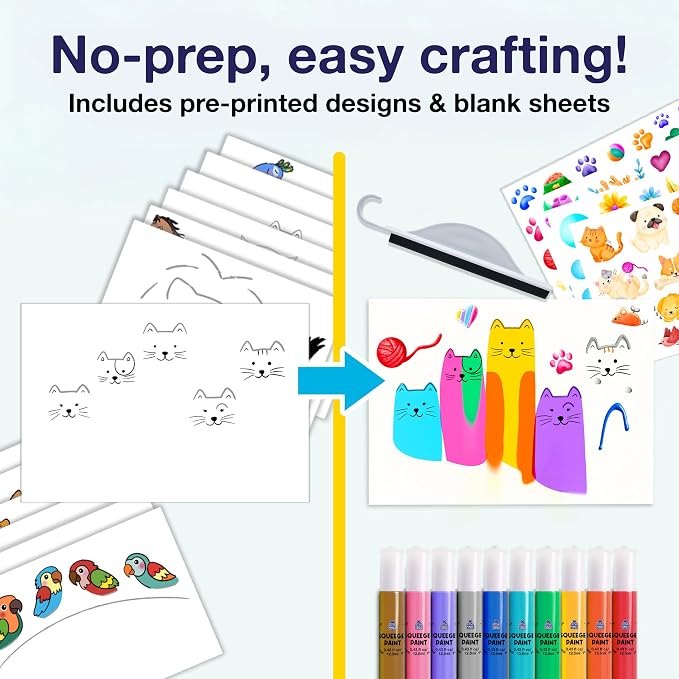 Squeegee Art Kit for Kids - Animals Theme Painting Craft Kit for Ages 4-12 | Non-Toxic, Mess Free Paint Craft, Imaginative Play Process Art Kit, Birthday Gift for Ages 5-9, Colour & Sensory Exploration