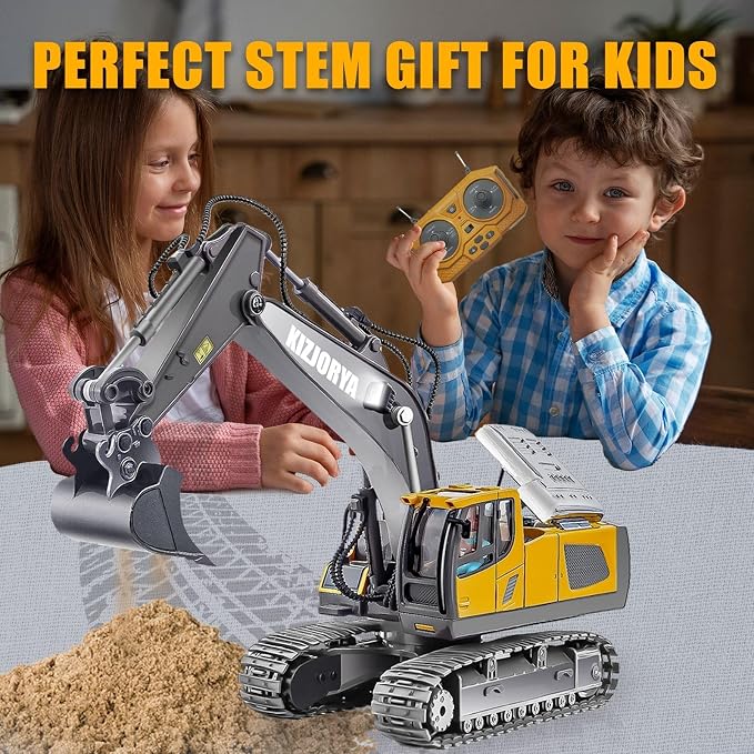 KIZJORYA Remote Control Excavator, Toys for Boys Age 6-12, Rechargeable 11 CH RC Construction Vehicles Truck with Sound Light Metal Shovel, Birthday for Kids 7 8 9 10+ Year Old(2.4 GHz)