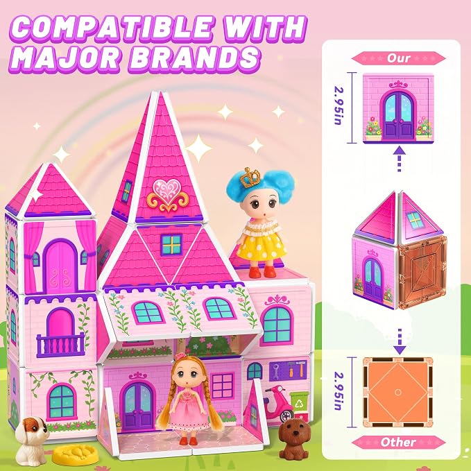 Magnetic Tiles Doll House Building Toys Set with Double Sided Printed Design, Play House Magnetic Blocks for Kids Ages 3-5 4-8, STEM Educational Sensory Magnet Toys Birthday Gifts for Girls