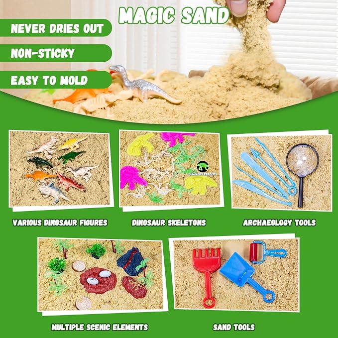 Dinosaur Sensory Sand Kit, Lidded Sand Bin, Dinosaur Toys for Kids | Magic Sand & Archaeology Tools, STEM Montessori Dinosaur Sensory Toys, Arts & Crafts for Kids 3-8, Christmas & Birthday Gifts