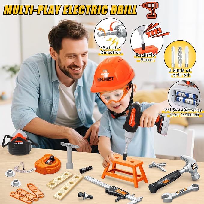 Toddler Tool Set, Kids Tool Box with Toy Chainsaw, Kids Toys for Boys 3-5 | 48 Pcs Construction Tools Kit with Electronic Toy Drill, Christmas Birthday Gifts for Boys Girls Ages 3 4 5 6 7 8, Orange