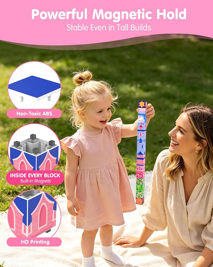 hahaland Unicorn Magnetic Blocks Travel Set Toy for Kids Ages 3-8, 50 Pcs | Includes Portable Magnetic Case, 2 Unicorn Figures, Magnetic Wand, 46 Pcs Mini Magnetic Cubes, Castle STEM Building Toy