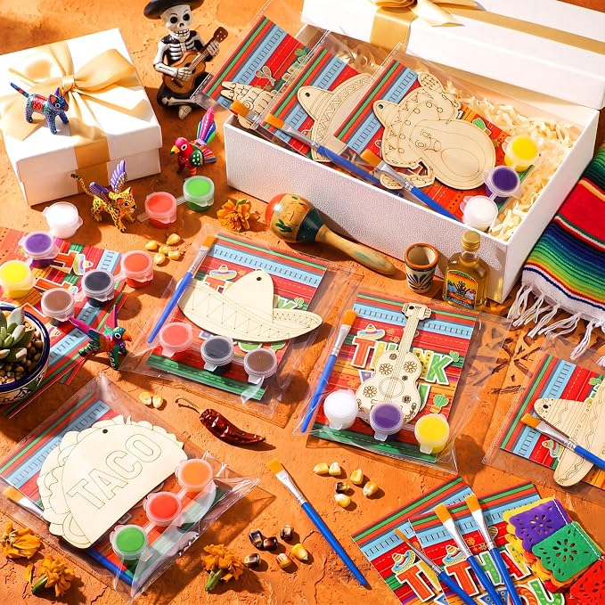 Saypacck 24 Pcs Mexican Taco Party Favors Wooden Paint Craft Kits | Mexican Taco Theme Painting Crafts, Fairy Princess Unicorn Party Supplies, Organza Bags Included for Goodie Bag Fillers